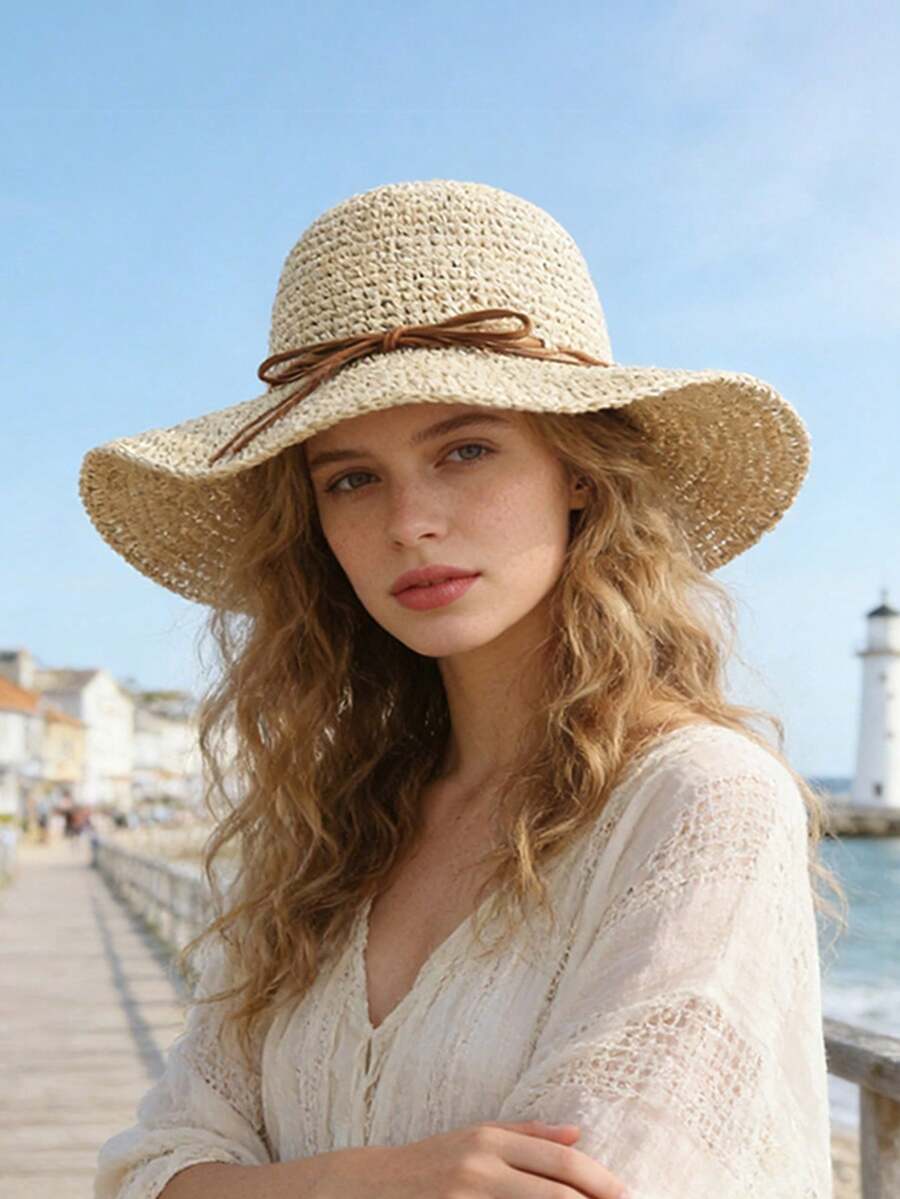 1件女款時尚草帽,夏季戶外海灘防曬帽,編織草編水桶帽,海邊度假遮陽帽,大帽簷可折疊防曬帽,適合日常使用的禮物 - 彩色 - 查看 1