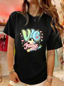 Camiseta de mujer con estampado gráfico de dibujos animados, ideal para el verano, estilo casual, transpirable y con un dise?o gráfico único.Suitable for spring, summer and autumneurmuse - Negro - Ver 1