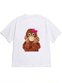 Camiseta de manga corta con hombros descubiertos, ropa elegante para mujer, sexy, textura de felpa marrón de gorila (con una lazo rosa, cubriendo la boca con ambas manos) Ilustración, camiseta de manga corta, estilo divertido y lindo, cómoda y agradable para la pielRopa diaria para chicas dulces o estudiantes ,Ropa fresca y sin sudor en verano,Traje de fiesta elegante,T-shirt para damas elegantes,Blusas adecuadas para mujeres con curva, - Blanco - Ver 8