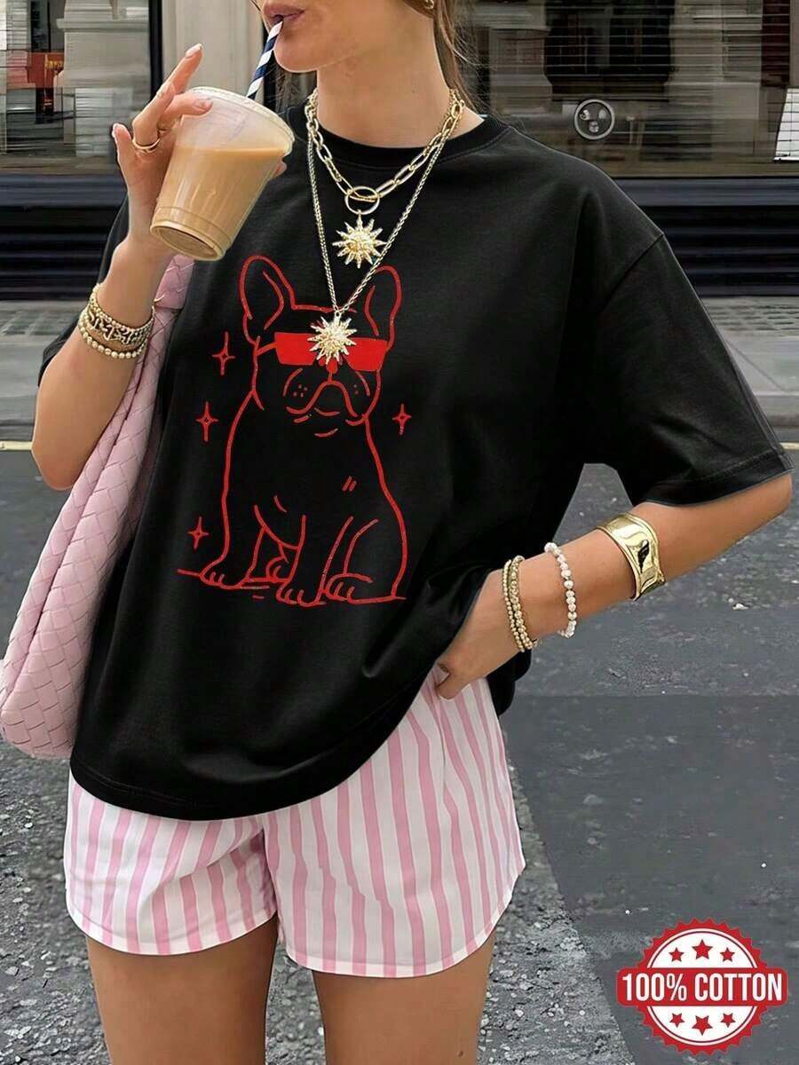 Camiseta de manga corta 1PiezaMujeresCamisetaPrimavera/VeranoSueltoInformalMujeresSuperior,RojoLíneaArteEstilo,FrancésBulldogImprimir,De manga corta,RedondoCuello,PuroAlgodón,A la modaDe gran tamañoHombros CaídosCamisetaChuK],GráficoCamisetas,VintageCamisetas180 gramos100%Algodón(S-3XL)Verano - Negro - Ver 1