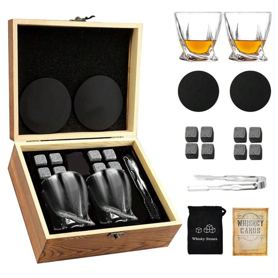 Glass Cup Wooden Box Set, Granite Ice Stone Set, Multiple Cups, Exquisite Wooden Box, Prepare A Gift For Friends, Carry Exquisite Set For Outdoor Travel - A - View 1