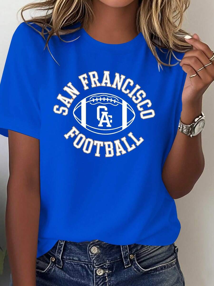 Limited Edition Women's T-Shirt Featuring The San Francisco, California Football Team - Pure Casual Wear For Fans, With Gold Lettering And Football Design, Suitable For All Seasons, With The Iconic SF Logo For Supporters, Made Of Lightweight Cotton. - 藍色 - 查看 1