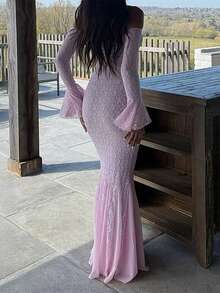 Vestido Largo Sin Tirantes con Huecos Manga Larga Estilo Novedad Bestseller - Rosa - Ver 7