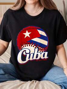 Camisetas Premium Casuales Unisex Lindas, Camiseta con Estampado de Bandera y Béisbol, Estilo Patriótico Vintage, Camiseta Gráfica, Top Casual para Mujer, Estampado Gráfico, Manga Corta, Cuello Redondo, 100% Algodón, La Elección Perfecta para Vacaciones, Uso en Todas las Temporadas. - Negro - Ver 1
