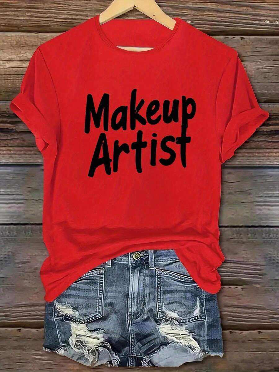 1 pieza de camiseta de manga corta con cuello redondo para mujer, a la moda, de punto de poliéster, serie de estilo casual, modelo para todas las estaciones, con estampado de maquillador, estampado de letras, 100% algodón.ropa de calor mujer - Rojo - Ver 1