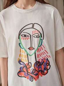 Camiseta blanca de manga corta con gráfico de retrato de arte lineal colorido, verano Cuello Redondo Algodón 100% Tejido Suave Manga Corta - Blanco - Ver 3