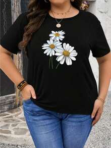 1 pieza [Camiseta de Mujer] Camiseta Negra de Talla Grande con Estampado de Margaritas Blancas para Mujer 100% algodón - Negro - Ver 1