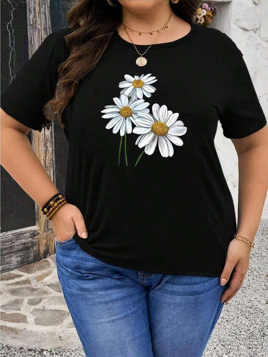 1 pieza [Camiseta de Mujer] Camiseta Negra de Talla Grande con Estampado de Margaritas Blancas para Mujer 100% algodón - Negro - Ver 1