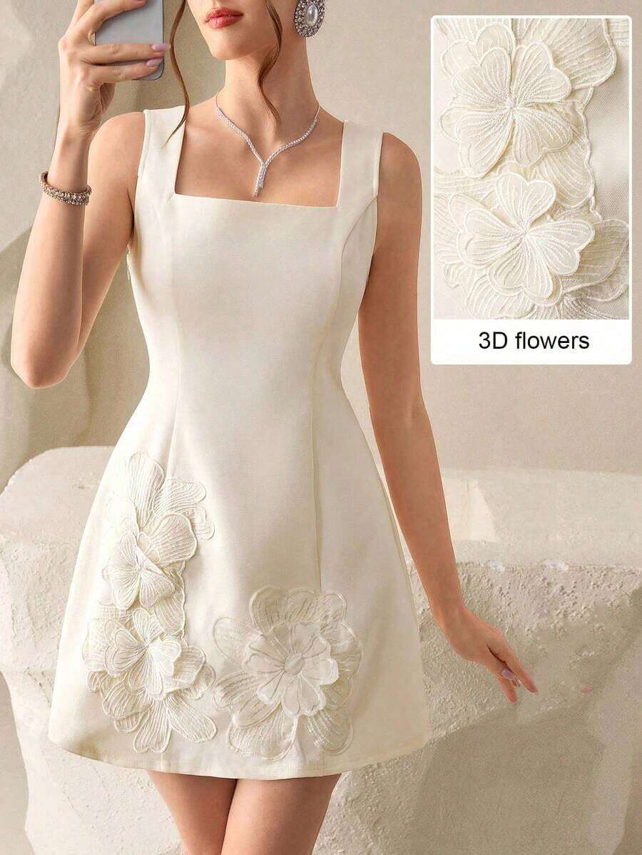 Vestido mini sexy con decoración floral 3D y cinturón a la cintura en color amarillo pálido, adecuado para citas, fiestas y ocasiones formales - Amarillo claro - Ver 1
