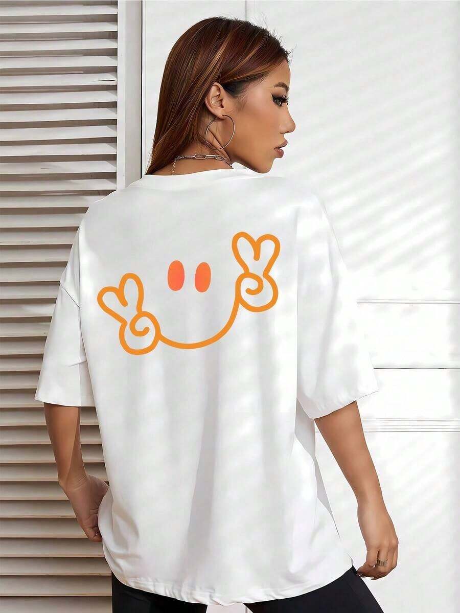 PremiumBreak The SystemOrange Smile, Novedad de Verano, Camiseta Pura para Mujer, Estampado en la Espalda, Top de Manga Corta, Cuello Redondo, Casual, Talla S, Moda, Transpirable, Para el Hogar, Uso Diario, Camiseta de Cuello Redondo de Corte Holgado, Ecológica - Blanco - Ver 1