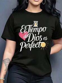 Women's Graphic T-Shirt, Short Sleeves, Round Neck, Basic, Comfortable, Cool, Lightweight, Modern, Youthful, Casual Print, Religious Phrase, God's Timing Is Perfect, Christian Lettering, Heart. Leisure - 黑色 - 查看 7