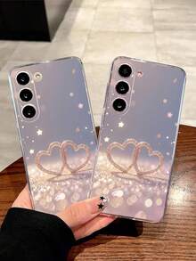 1件裝 Lucky Double Heart 高級星空透明軟手機殼 保護套，適用於 Galaxy A04e/12/A13/A14/A34/A50/A52/A53/A54/S21/S22/S23/S24/S25/S25Ultra，此圖案為平面印刷，非莫桑鑽 - 無色 - 查看 2