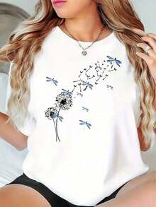 Camiseta de Mujer Estilo Casual Under The Radar con Estampado de Diente de León y Libélula, Ropa de Verano para Ella, Regalo - Camiseta Unisex de Algodón Suelto de Manga Corta y Cuello Redondo Estilo Vintage Urbano - Blanco - Ver 1