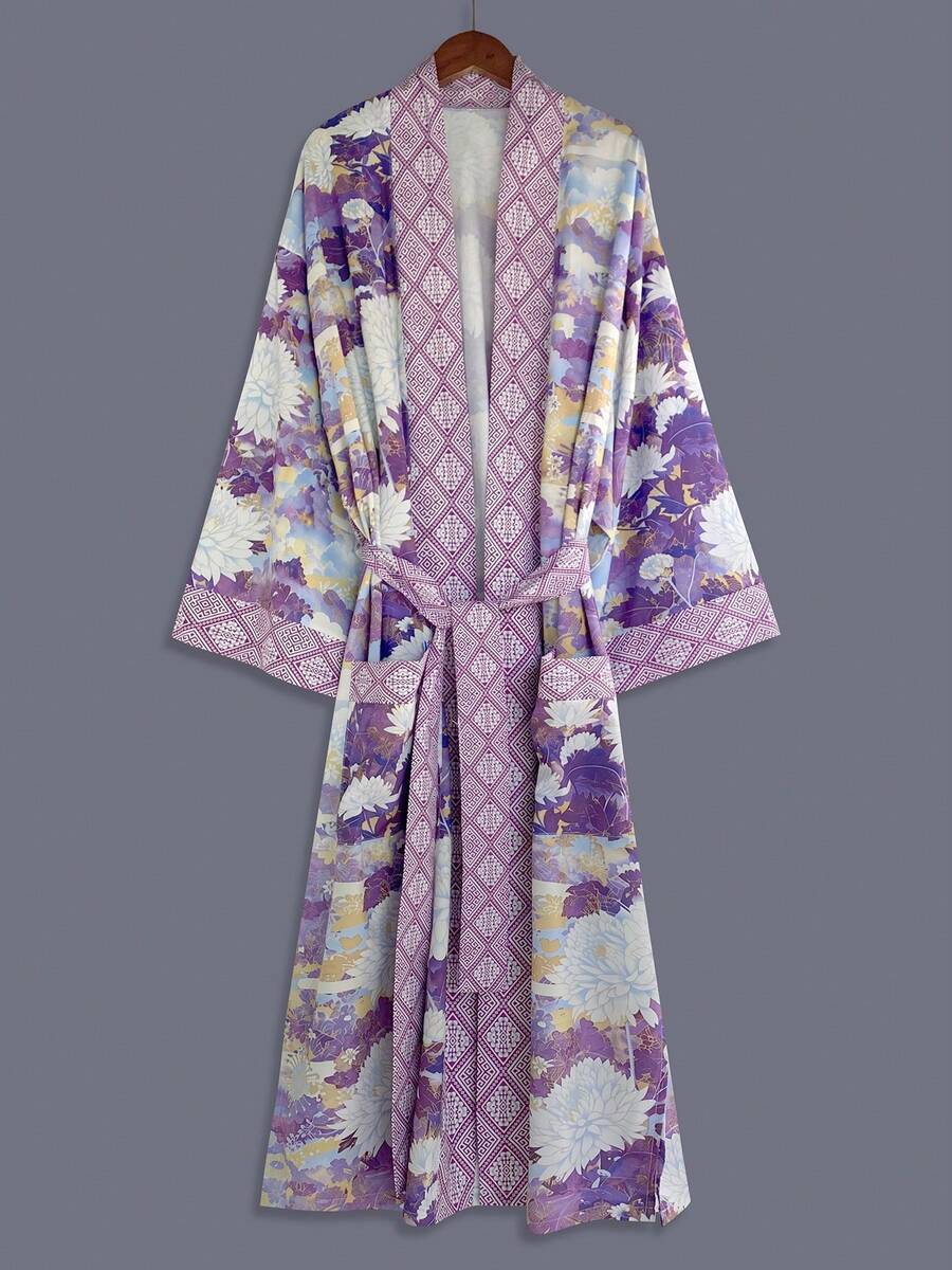 Bohemian Fashion Floral Print Mid-Length Kimono Cover Up Thin Jacket Women's Festival Elegant Casual Party Cover-Up Beach Sand Travel Vacation Cape Hem Slit Pockets Home Bathrobe Tie-Up Robe Middle Eastern Long Robe - Purple - View 1
