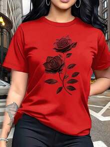 NewSummerCasual1 Pieza de Moda Casual para Hombres y Mujeres, Elegante para Damas |     Patrón único de rosas - top casual de cuello redondo | Transpirable y ligero, es perfecto para los armarios de primavera y verano, versátil y fácil de combinar, adecuado para el uso diario, el estilo urbano, los conjuntos de vacaciones y la ropa de fin de semana. Camiseta unisex de algodón holgada de manga corta y cuello redondo estilo vintage urbano - Rojo - Ver 3
