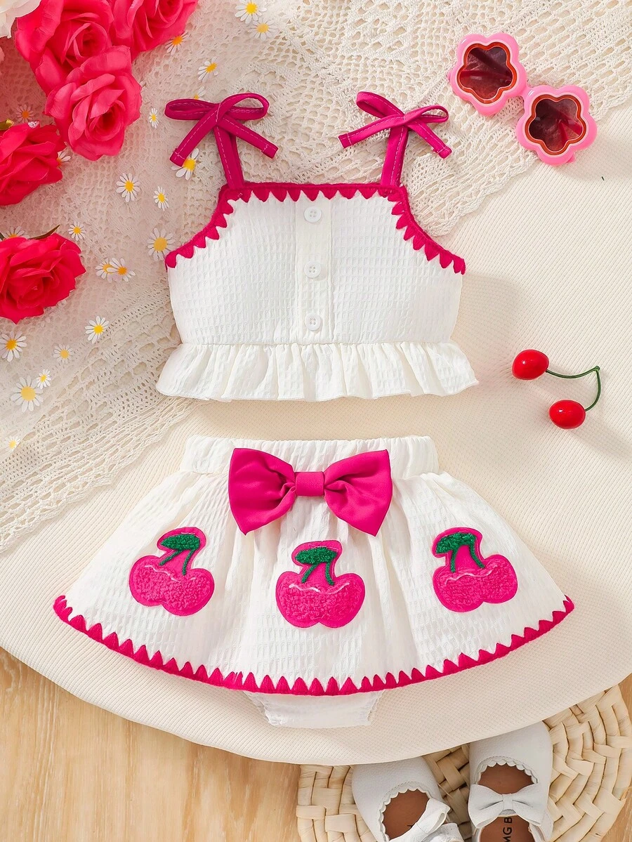两件套夏季甜美复古荷叶边吊带背心和草莓刺绣迷你裙,休闲装 - 白色 - 查看 1