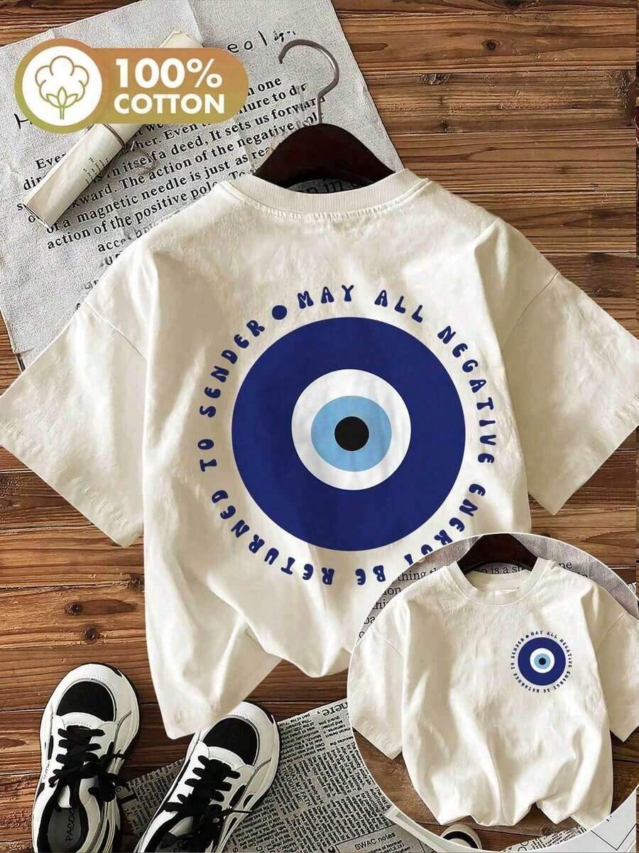 short-sleeveBlusas para mujer Camiseta casual de verano para mujer con estampado de doble cara que presenta arte pop, ojo turco y un mensaje para el remitente para expulsar toda la energía negativa, cuello redondo, manga corta. gym y2kCuello Redondo Algodón Tejido Suave Manga Corta Transpirable y Fresca Festival del 5 de mayo Día de la Madre Día del Padre Unisexo100% Cotton - Albaricoque - Ver 1