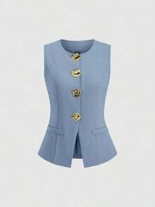 delgado sin mangas para mujer con botones metálicos grandes de estilo minimalista francés - Azul - Ver 1
