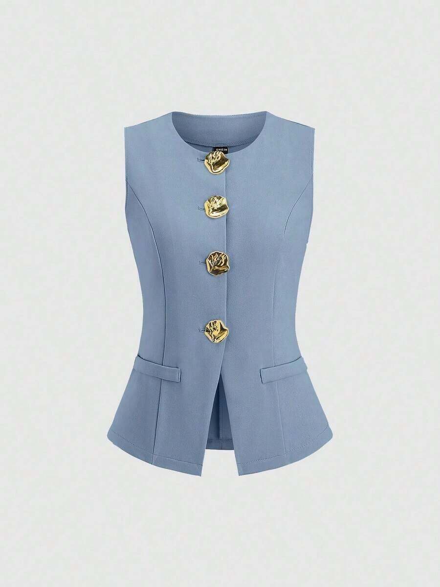 delgado sin mangas para mujer con botones metálicos grandes de estilo minimalista francés - Azul - Ver 1