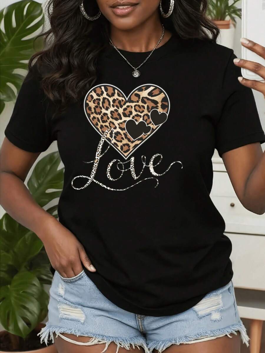 Esta camiseta de manga cortara mujer para el Día de San Valentín presenta un estampado de corazón de leopardo 'LOVE' y cuello redondo. Es unieza cómoda, suave y transpirable que se puede lavar a máquina, lo que la convierte en una excelente
