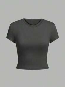 Camiseta de mujer de verano nueva, de corte slim, de cuello redondo y manga corta, top de moda para uso diario y vacaciones. Top de camiseta de mujer. - Gris Oscuro - Ver 4
