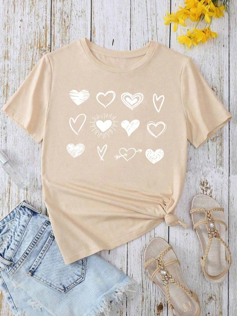 Camiseta de manga corta con cuello redondo y estampado gráfico Twelve Loving Hearts para mujer - Albaricoque - Ver 1