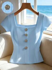 Camiseta de mujer de unicolor con cuello cuadrado y decoración de botones delanteros de manga corta - Azul - Ver 7