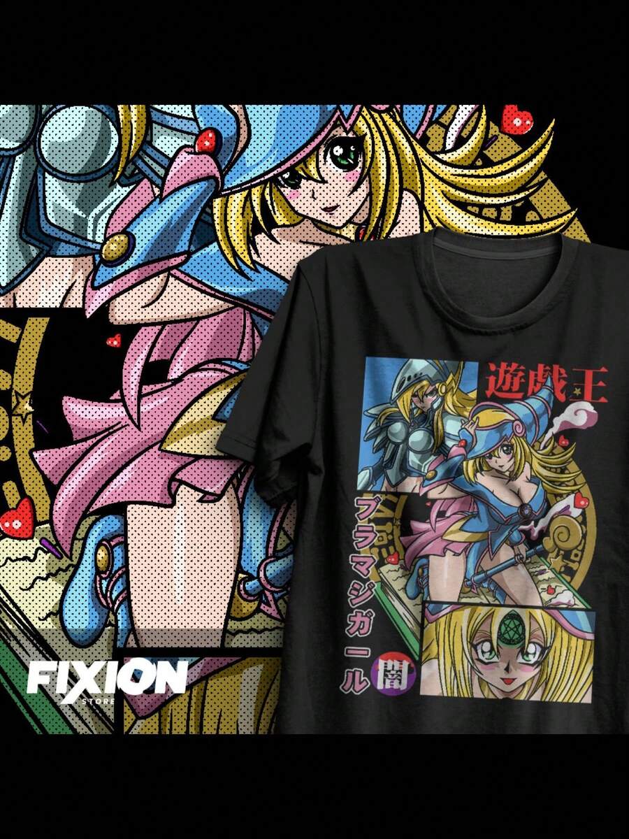 Camiseta de manga corta de talla grande para hombre | Estampado de Anime Magic Girl, Transpirable, Corte Regular, Estilo Retro Hip Hop de Moda Urbana, Ropa Casual para Todas las Temporadas, Lavable a Máquina - Negro - Ver 1
