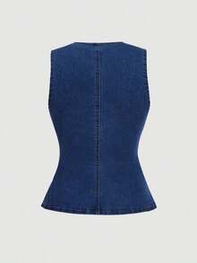 Top de mezclilla sin mangas para mujer, casual de ajuste ceñido y elástico, camiseta de verano, camisetas sin mangas para mujer, ropa de los 90, casual de negocios para mujer, tops de salida para mujer, atuendos de primavera para mujer, tops lin - Azul lavado oscuro - Ver 2