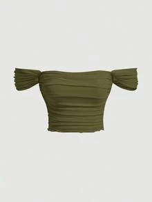 Top de hombros descubiertos fruncido de malla - Verde militar - Ver 1