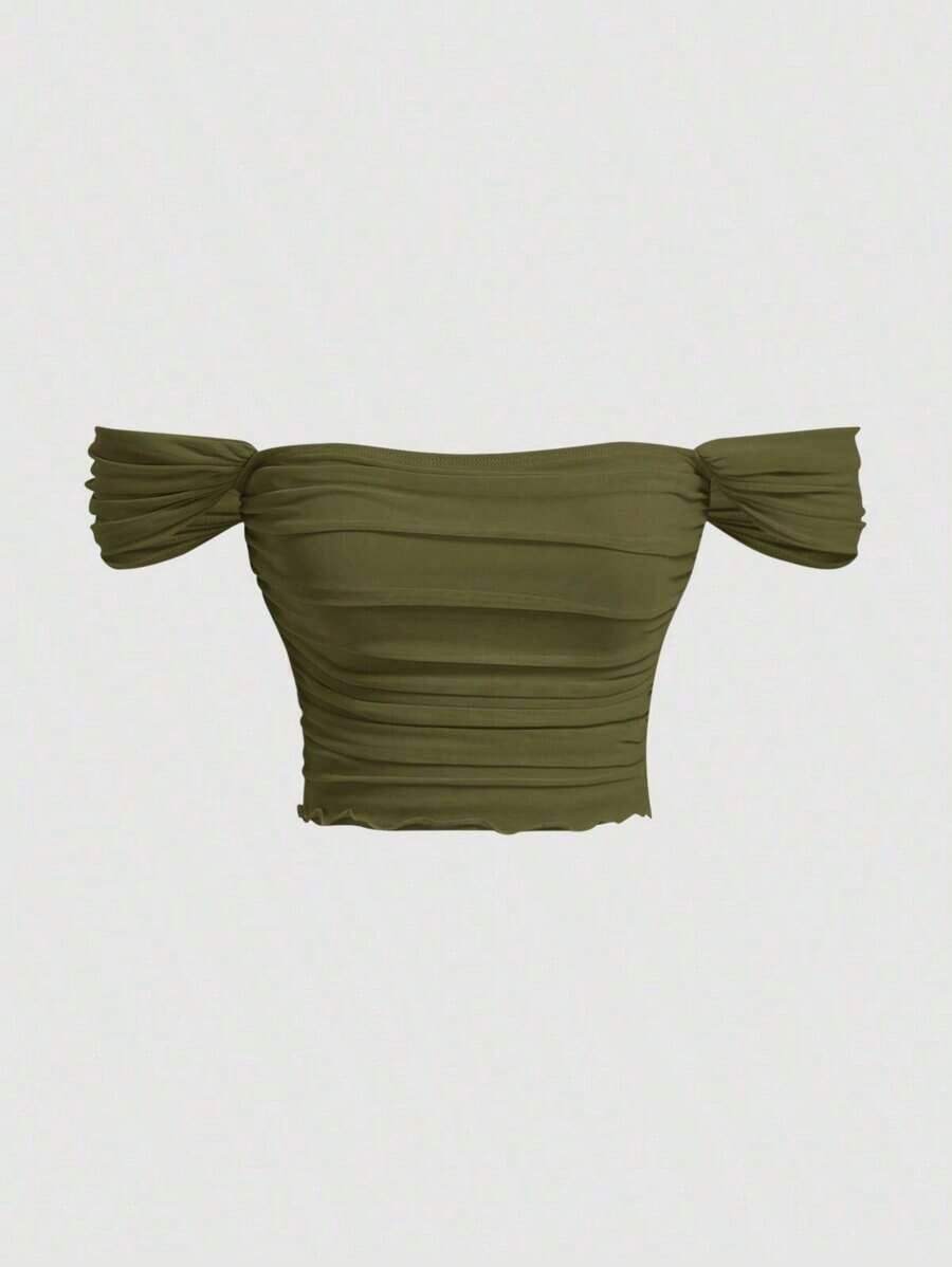 Top de hombros descubiertos fruncido de malla - Verde militar - Ver 1