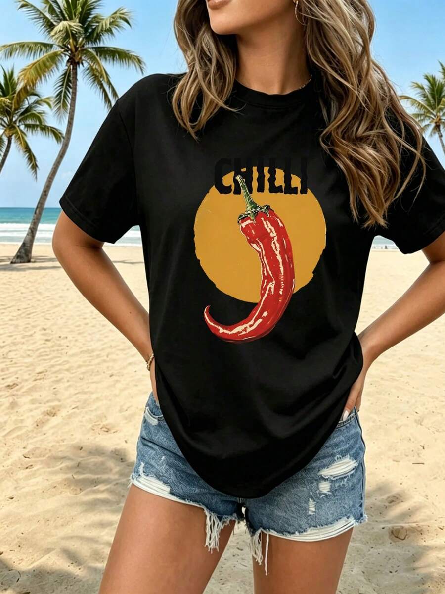 Camiseta de Mujer 2026, Nueva Camiseta de Verano con Cuello Redondo y Estampado de Chile Rojo Picante, Diseño Divertido y Único, Seda de Leche Doble Cepillada, Cómoda y Transpirable, Versátil para Uso Diario, Viajes al Trabajo, Casual, Efecto Adelgazante, Top Multicolor. - Negro - Ver 1