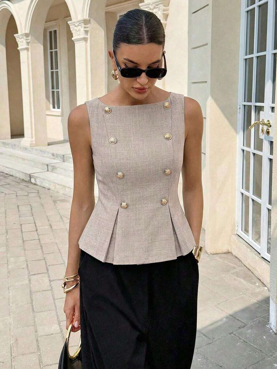 Blusa elegante sin mangas con cintura ceñida para uso diario, verano - Marrón - Ver 1
