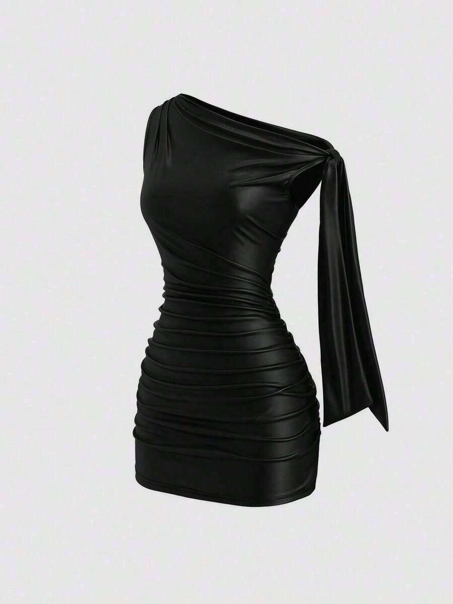Nuevo vestido mini de verano de ajuste ceñido con cuello asimétrico, cintura fruncida y detalles de volantes laterales, en tela elástica con revestimiento de color vino tinto, adecuado para club, fiesta, cóctel y uso diario - Negro - Ver 1