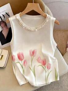 Blusa de tirantes elegante con estampado floral y cuello de perlas brillantes para mujer, adecuada para citas, salidas casuales, ir al trabajo, tomar el té por la tarde, Día de la Madre, Día del Maestro - Multicolor - Ver 9