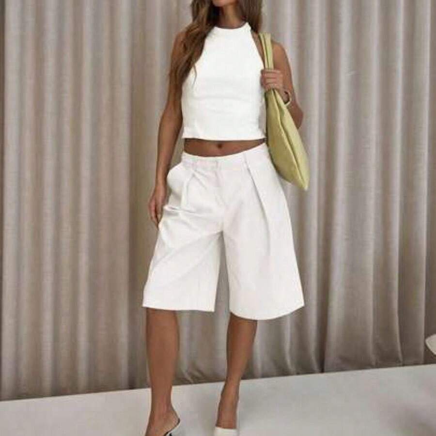 Pleated Straight Fit Tailored Longline Shorts Only Classy Sexy Streetwear Night Out Party Spring Elegant Summer Casual Holiday - Blanco - Ver 1