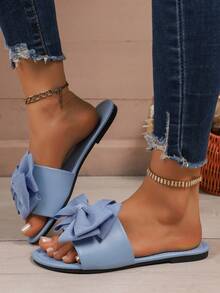 Women's Flat Heel Slippers, New Summer Bowknot Casual Slides, Versatile Strap Sandals - Baby Blue - View 4