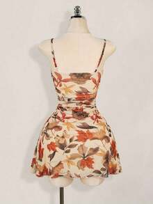 Vestido mini plisado con estampado de hoja de arce vintage para mujer, adecuado para vacaciones de verano y ropa de vuelta al colegio - Multicolor 5 - Ver 2