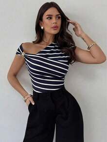 Camiseta ajustada con hombro asimétrico, cintura fruncida y decoración metálica, elegante y modesta para uso diario, color blanco, primavera/verano - Azul marino - Ver 11