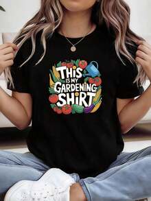 Summer Top, Gardening-Themed "THIS IS MY GARDENING SHIRT" Printed Women's Round-Neck Spring-Summer Short-Sleeve T-Shirt, Casual Shopping And Holiday Gift, Suitable For Friends' Gatherings And Vacations, 100% Cotton, - Black - View 7
