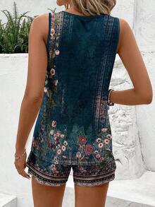 Conjunto de 2 piezas: top de tirantes con cuello redondo y estampado floral vintage casual, y camiseta de manga corta, apropiados para el verano - Multicolor 2 - Ver 2