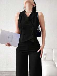 Conjunto de traje azul de doble botonadura para mujer - Negro - Ver 4