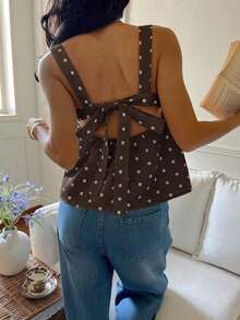 Camiseta de tirantes con volantes y lazo en la espalda con estampado de lunares para mujer - Café integral - Ver 2