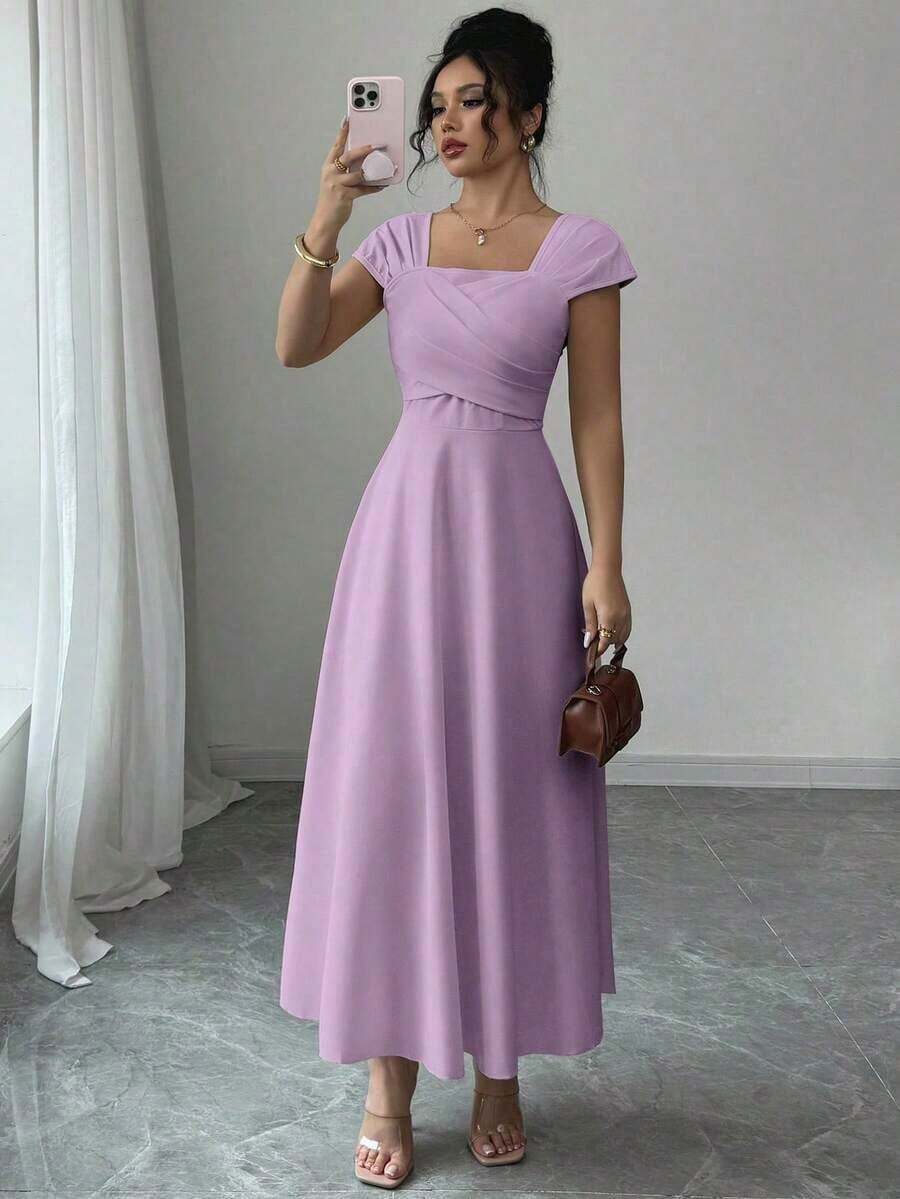 Vestido elegante de manga raglán y cuello cuadrado con detalle cruzado en el busto, de unicolor para mujeres - Púrpura malva - Ver 1