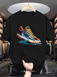 Men's Sneaker Theme T-Shirt - Lightweight And Stretchy Summer Crew Neck T-Shirt With Sneaker Print, Short Sleeves, Casual Streetwear And Sportswear, Durable, Suitable For Gym, Daily Wear, Machine Washable - 黑色 - 查看 6