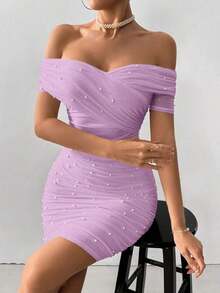 Vestido ajustado para mujer con hombros abiertos, manga corta y adornos con cuentas - Lila Púrpura - Ver 6