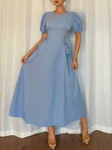 Vestido elegante y romántico para vacaciones de boda de verano 2025 en azul francés regular, con hombros sueltos, mangas abullonadas, cintura drapeada y lazo lateral ajustado - Azul - Ver 5