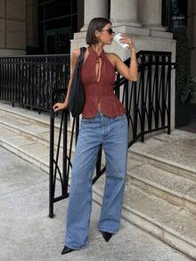 Parte superior sin mangas de mujer con lazo, cuello halter y abertura, chaleco casual - Rojo - Ver 6