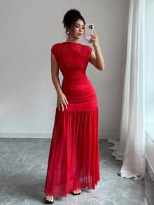 Nuevo vestido de moda de cuello alto sólido rojo sin mangas, con diseño sexy de malla calada y plisado en línea A, adecuado para fiesta de graduación, eventos festivos, citas - Rojo - Ver 4