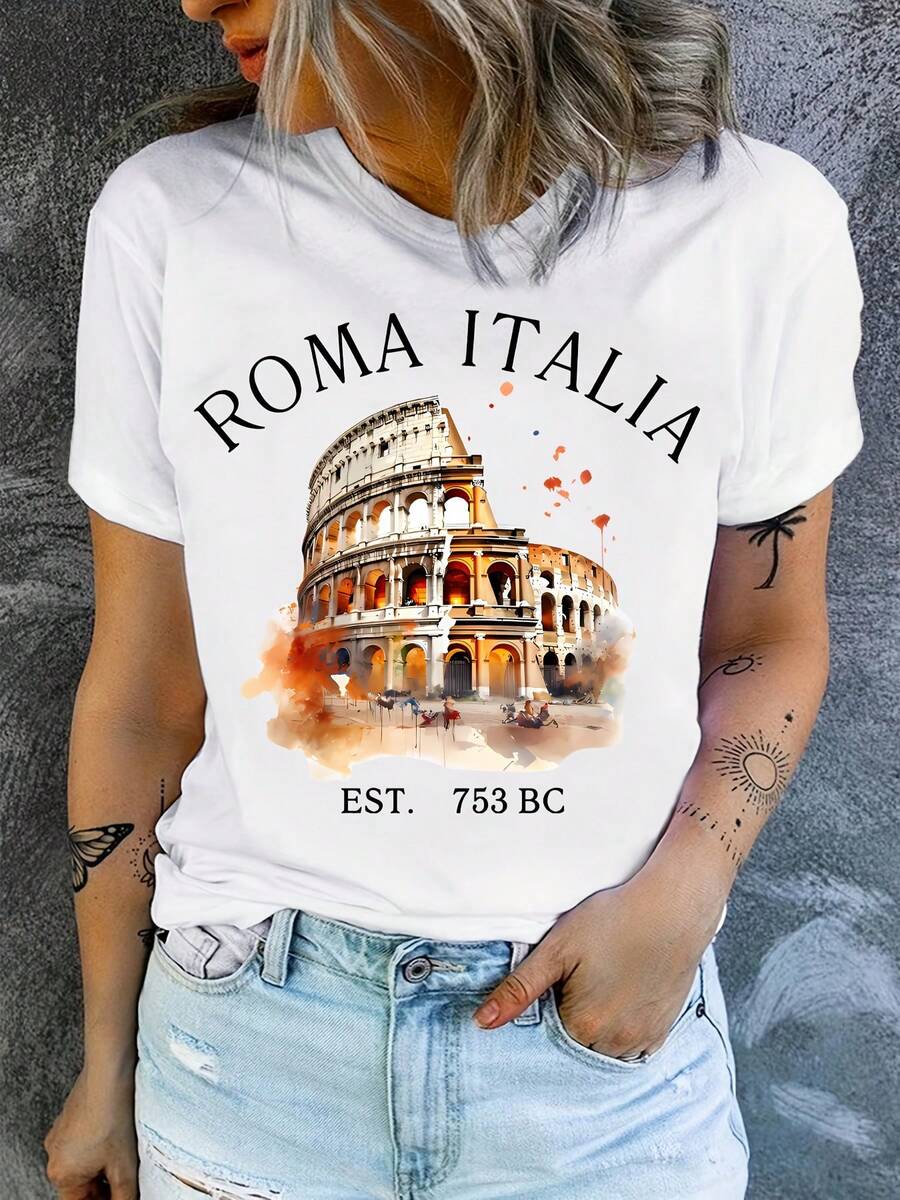 T-Shirt With Italian Rome Print, T-Shirt Of The Colosseum Of Rome - [White] - View 1